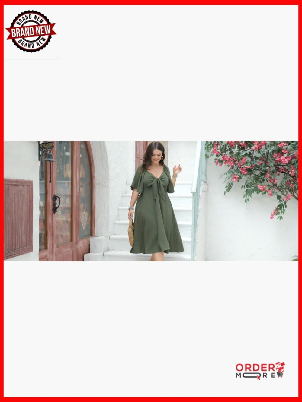 Plus Size Flowy Midi Dress with Tie Front V Neck and Smocked Back - Picture 7 of 7